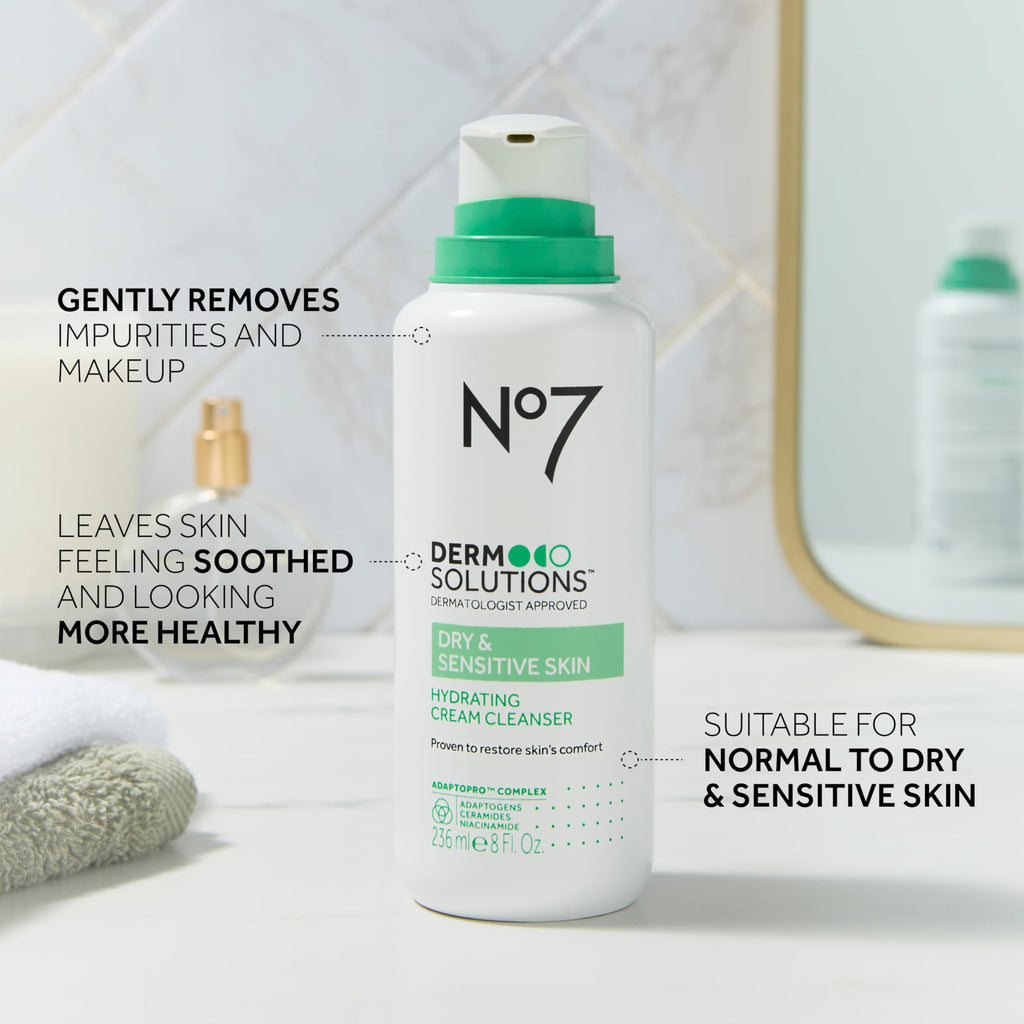 No7 Derm Solutions Hydrating Facial Cleanser - Gentle Cream Face Wash Formulated with Ceramides, Niacinamide & Adaptogens to Help Maintain Skin's Moisture Barrier - For Dry & Sensitive Skin (16 Fl Oz)