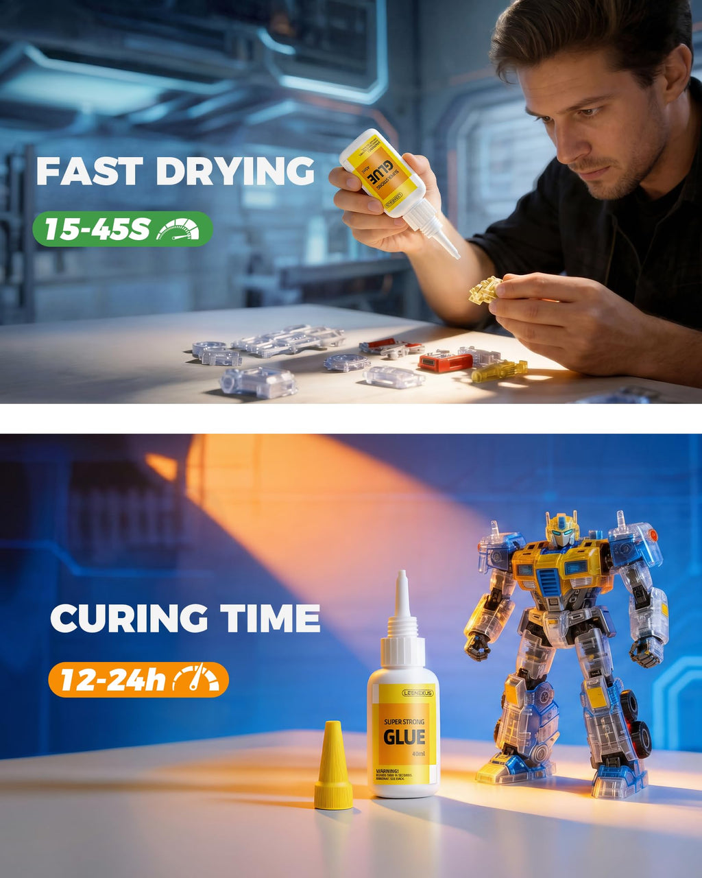 LEENEXUS Super Glue for Plastic, PLA, ABS, PETG, PC, ASA, Acrylic, PVC, Dries Clear Liquid CA Adhesive for 3D Prints, Model Kits, RC Parts & Repairs, 40ml