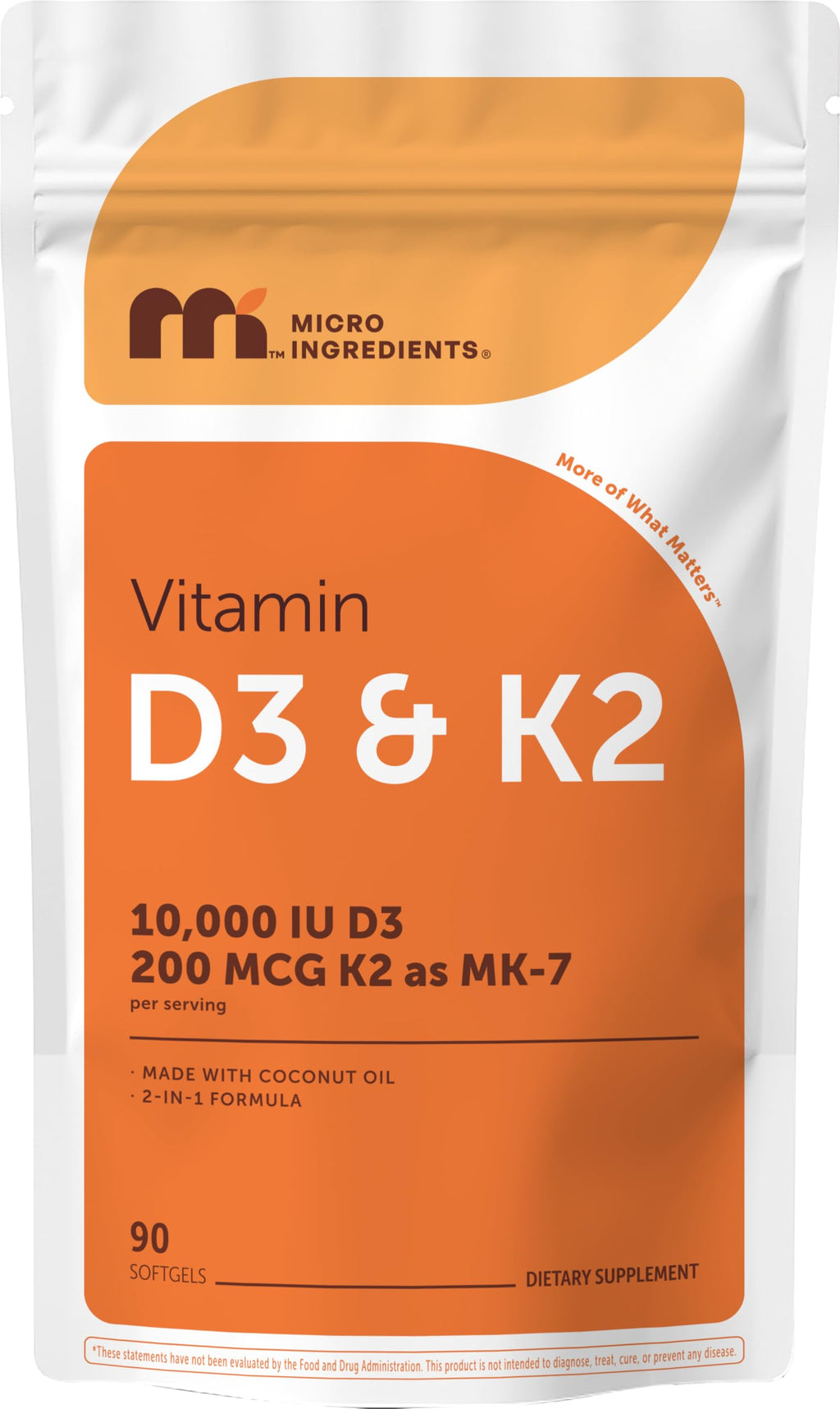 Micro Ingredients Vitamin D3 10,000 IU + K2 MK-7 200 mcg Per Serving, 90 Softgels | Extra Strength* 2-in-1 D3 K2 Supplement | Easy-to-Swallow Softgels Made with Coconut Oil | Non-GMO, Gluten Free