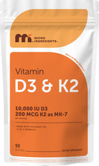 Micro Ingredients Vitamin D3 10,000 IU + K2 MK-7 200 mcg Per Serving, 90 Softgels | Extra Strength* 2-in-1 D3 K2 Supplement | Easy-to-Swallow Softgels Made with Coconut Oil | Non-GMO, Gluten Free