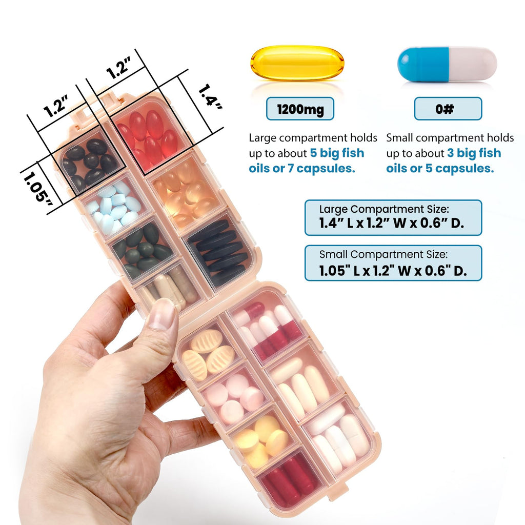 14 GRIDS Travel Pill Organizer Box with Labels - Travel Medicine Case Kit - Pocket Daily Pharmacy Container - Travel Medication Holder Dispenser for Fish Oil Vitamin Supplement Storage - Pink