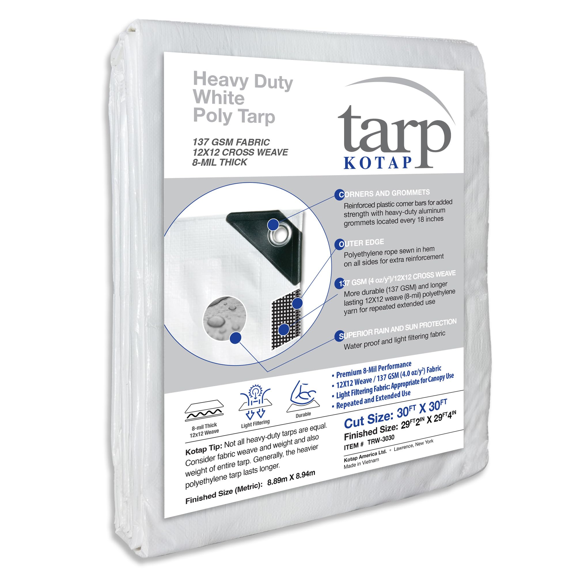 Kotap 30 x 30 Ft. Heavy-Duty Protection/Coverage Tarp, Superior Weave for Greater Longevity 8-mil, Multi-Use, Waterproof, White, 1-Pack (TRW-3030)