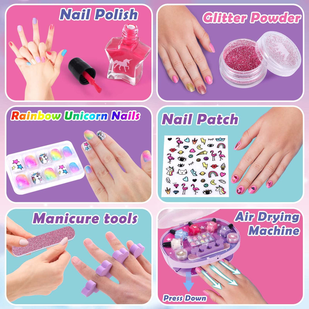 Golray Kids Nail Polish Set for Girls, All-in-One Nail Art Kit - Dryer/ Glitter Powder/ False Nails/ Nail Decals/ Toe Separator/File, Age 3-12 Little Girl Gift Toys