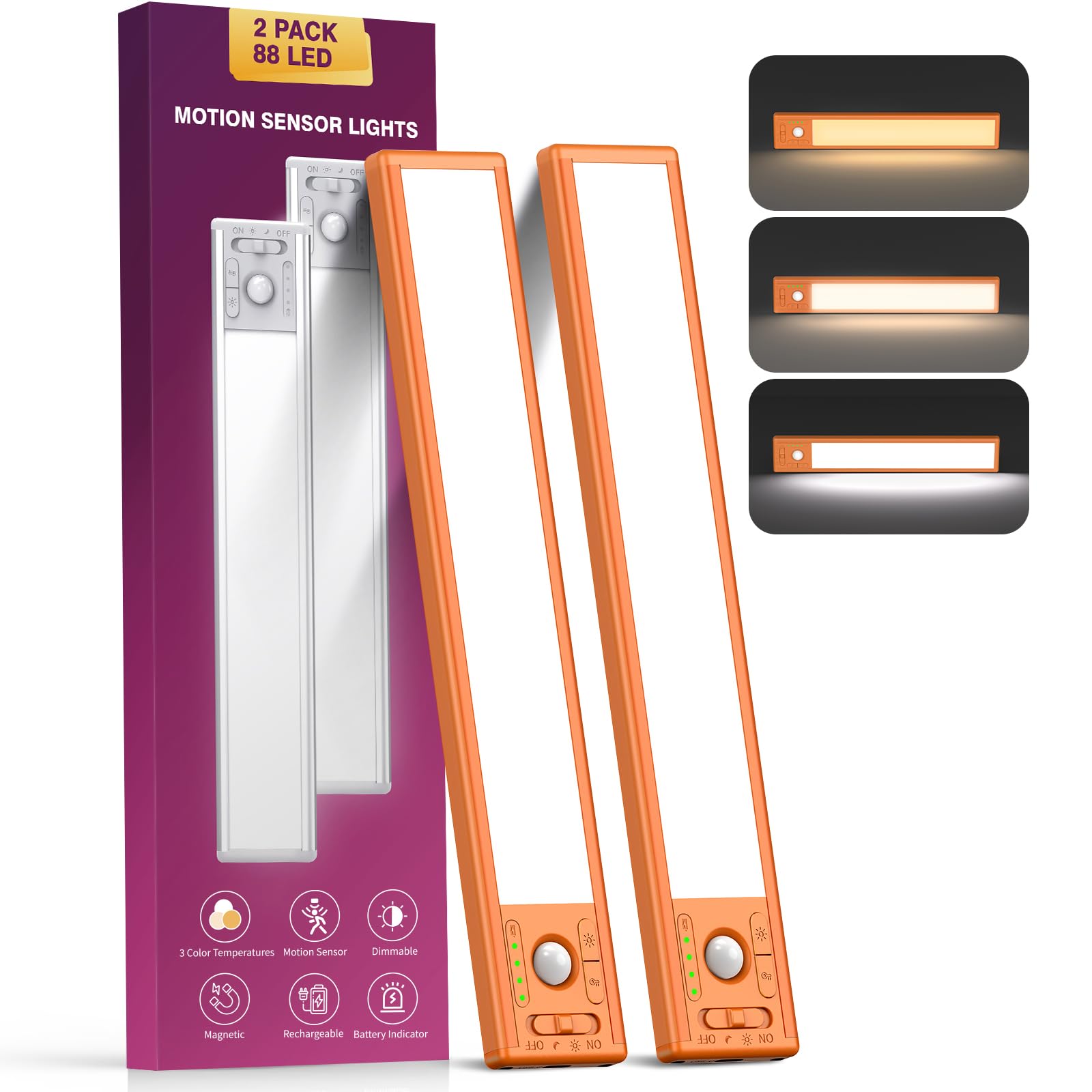 OTWKAY 10.5inch Under Cabinet Lighting with 3 Color Temps, 2 Pack Rechargeable Motion Sensor Lights Indoor, Dimmable Under Counter Lights for Kitchen, Closet