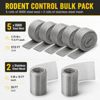 WizCave Steel Wool Bulk - 5 Pack 2.75 in x 11.5 Ft Steel Wools & 2 Pack 5 in x 15 Ft Stainless Wire Mesh, Mouse Hole Filler for House & Garden, Fine SteelWool for Polishing Chrome, Glass