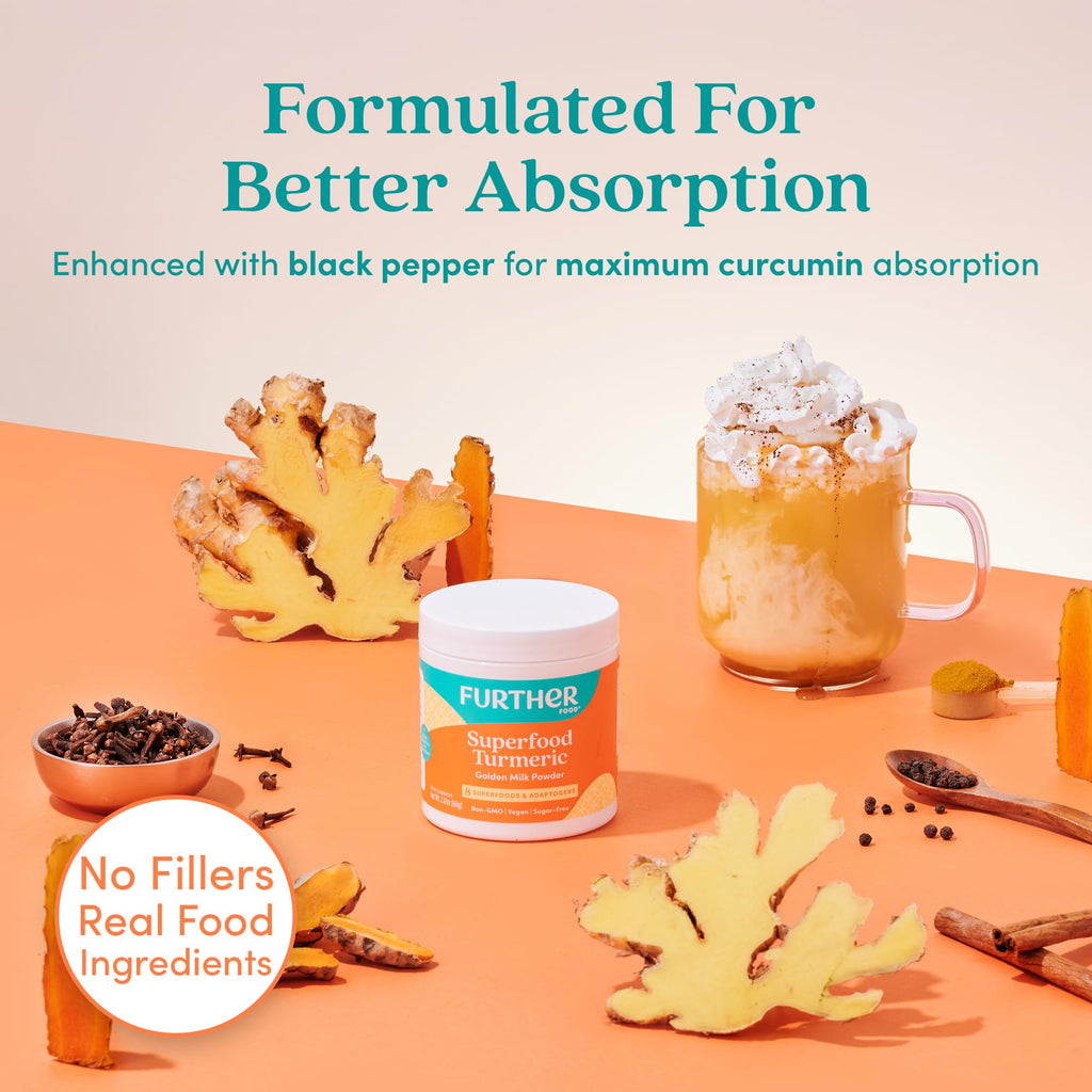 Further Food Superfood Turmeric Root Powder - Maximum Absorption, Natural Immune Booster, Golden Milk Blend, Sugar Free, Keto, Vegan, Non-GMO, 6.35 Oz
