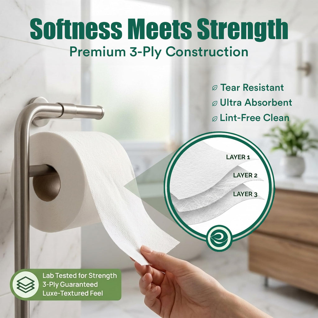 Eco Soul Premium Bamboo Toilet Paper 3 Ply | 12 Mega Rolls | 300 Sheets Each | FSC Certified Hypoallergenic, Textured & Skin-Friendly Septic-Safe Soft Bathroom Tissue Eco-Friendly Chemical & Dye Free