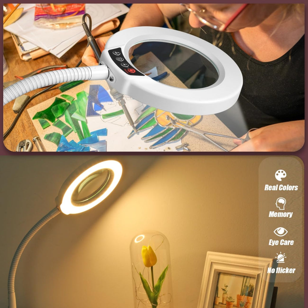 Krstlv 10X Magnifying Glass with Light and Stand, 16.5in Flexible Goose-Neck, 5 Color Modes Stepless Dimmable LED Lighted Desk Lamp, Hands Free Magnifier for Crafting Hobby Painting Close Work - White