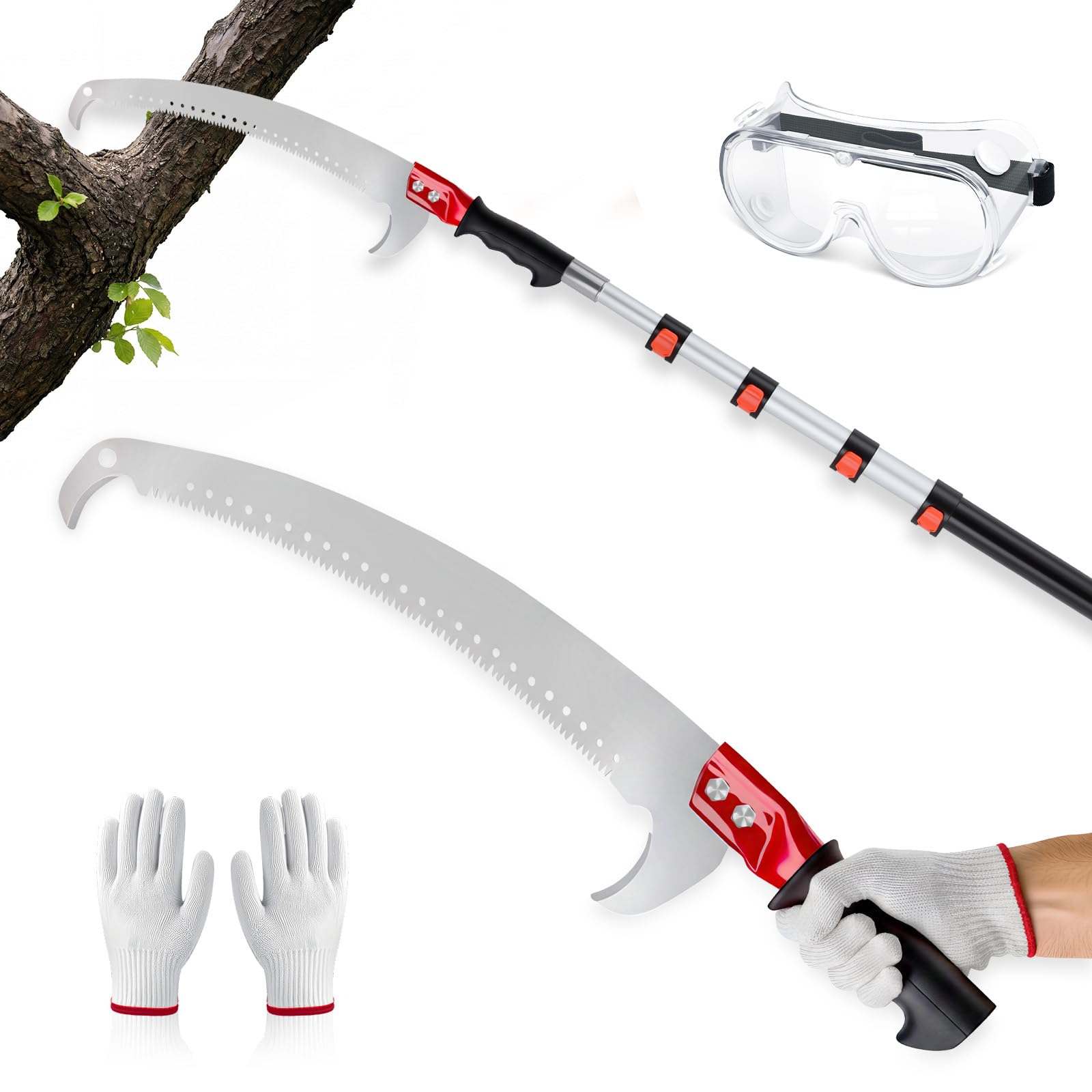 20FT Pole Saw for Tree Trimming, Manual Telescoping Tree Pruner with 3–12FT Extension Pole, Long Reach Hand Saw for Ground Cutting in Yard, Garden & Patio