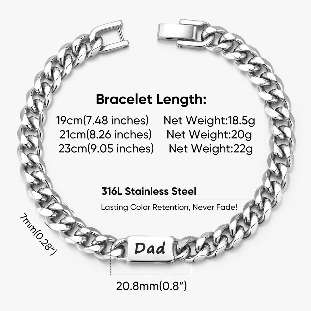 Fathers Day Gift Bracelet for Dad - Stainless Steel Cuban Chain Link Bracelet Gifts for Men Dad from Son Daughter Classic Hip Hop Anniversary Personalized FatherJewelry Gifts for Him Husband Boyfriend