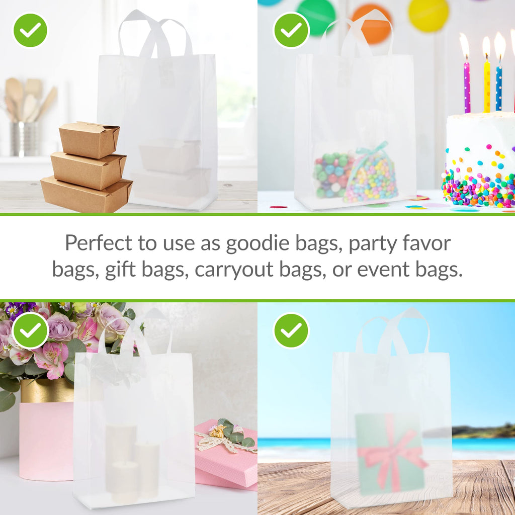 Prime Line Packaging Plastic Gift Bags, Frosted Gift Bags with Handles for Small Business, Shopping, Boutique Supply, Retail Store Use, Bulk, 10x5x13, 50 Pack