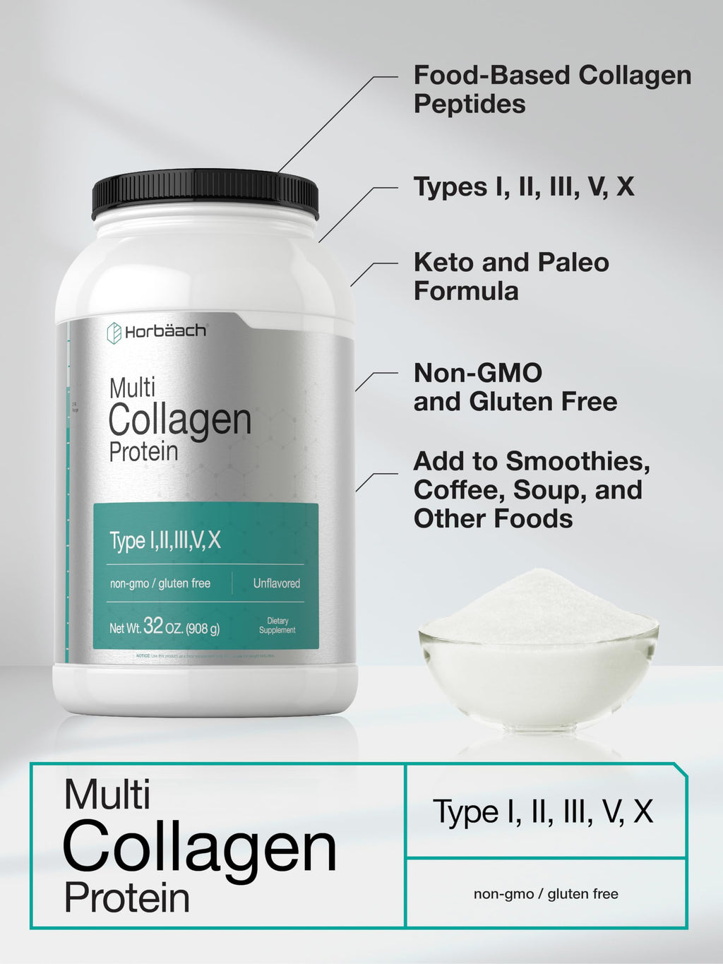 Horbaach Multi Collagen Protein Powder 32 oz | Type I, II, III, V, X | Hydrolyzed Collagen Peptides | Keto & Paleo Friendly | Unflavored & Gluten Free