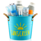 Blulu Sunscreen Holder Storage Pool Spray Bucket Tin Handle Poolside Basket 7.8 x 6.7 x 5.9 Inches Summer Pool Swimming Storage for Outdoor Decor Sunblock Sunglasses Accessories