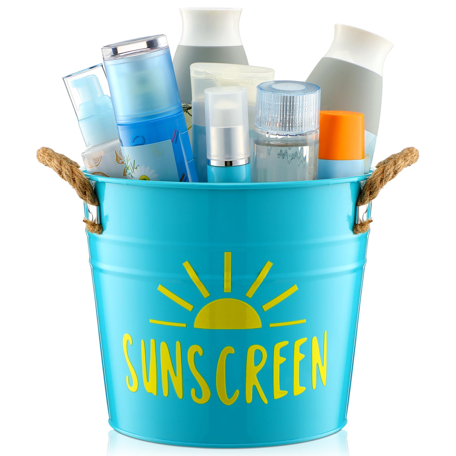 Blulu Sunscreen Holder Storage Pool Spray Bucket Tin Handle Poolside Basket 7.8 x 6.7 x 5.9 Inches Summer Pool Swimming Storage for Outdoor Decor Sunblock Sunglasses Accessories