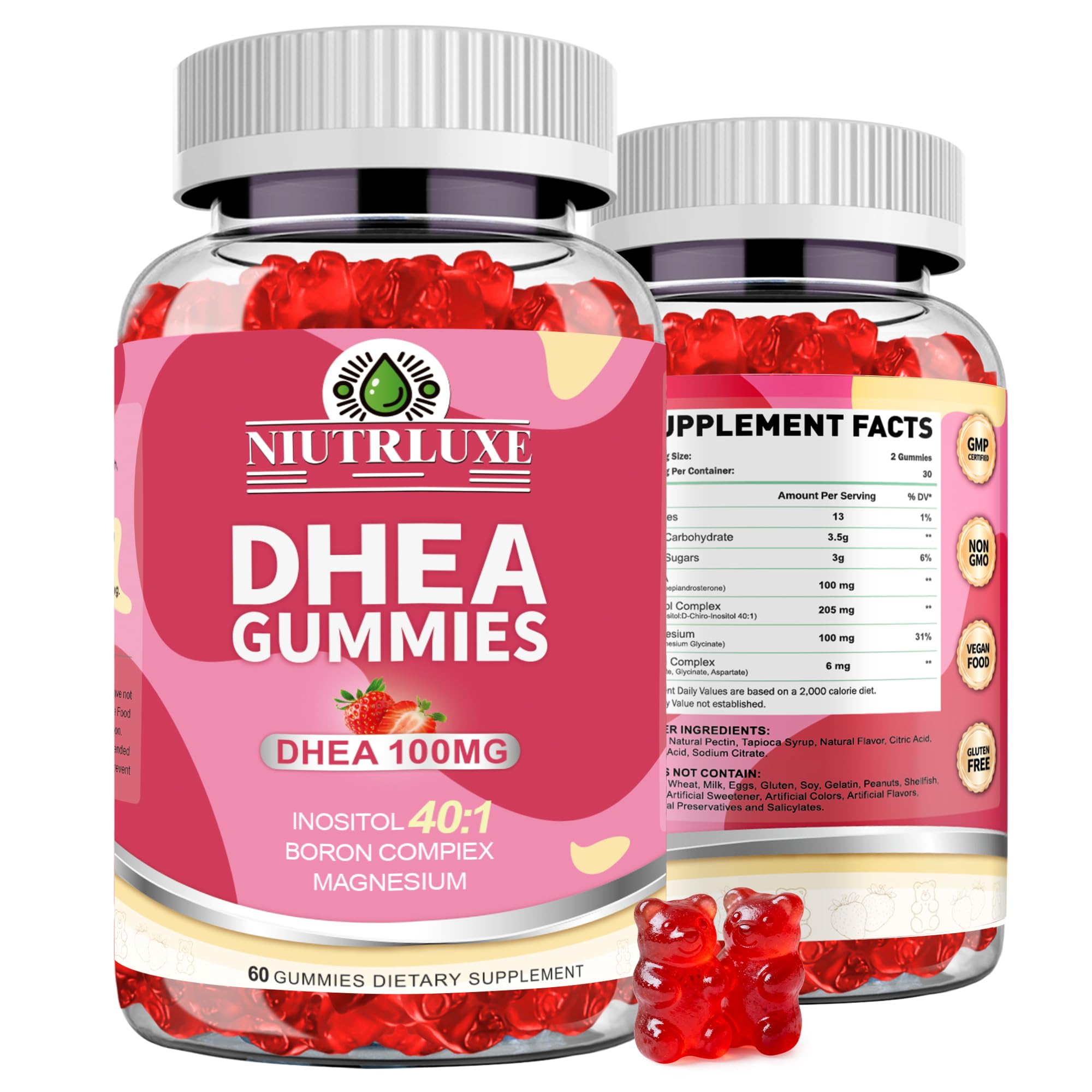NIUTRLUXE DHEA Gummies, DHEA Supplements for Women, DHEA 100mg 50mg Chewable with Boron, Inositol and Magnesium, Pro-Aging, Ovarian Support, Sleep Support, Vegan, 60 Counts