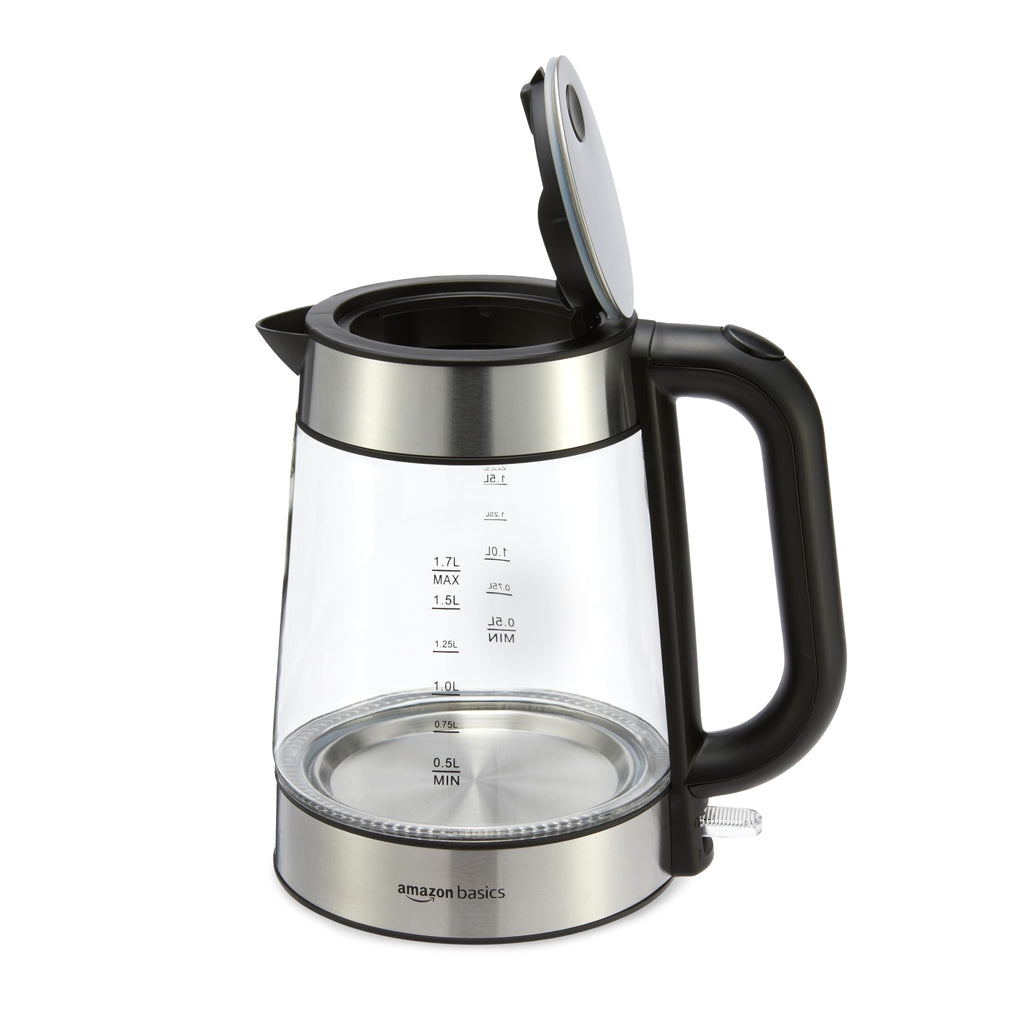Amazon Basics Electric Kettle with Glass Carafe for Tea and Coffee, BPA-Free, Fast Boiling, Auto Shut-Off, Boil-Dry Protection, Water Level Indicator, 1.7 Liter, 1500W, Black and Silver