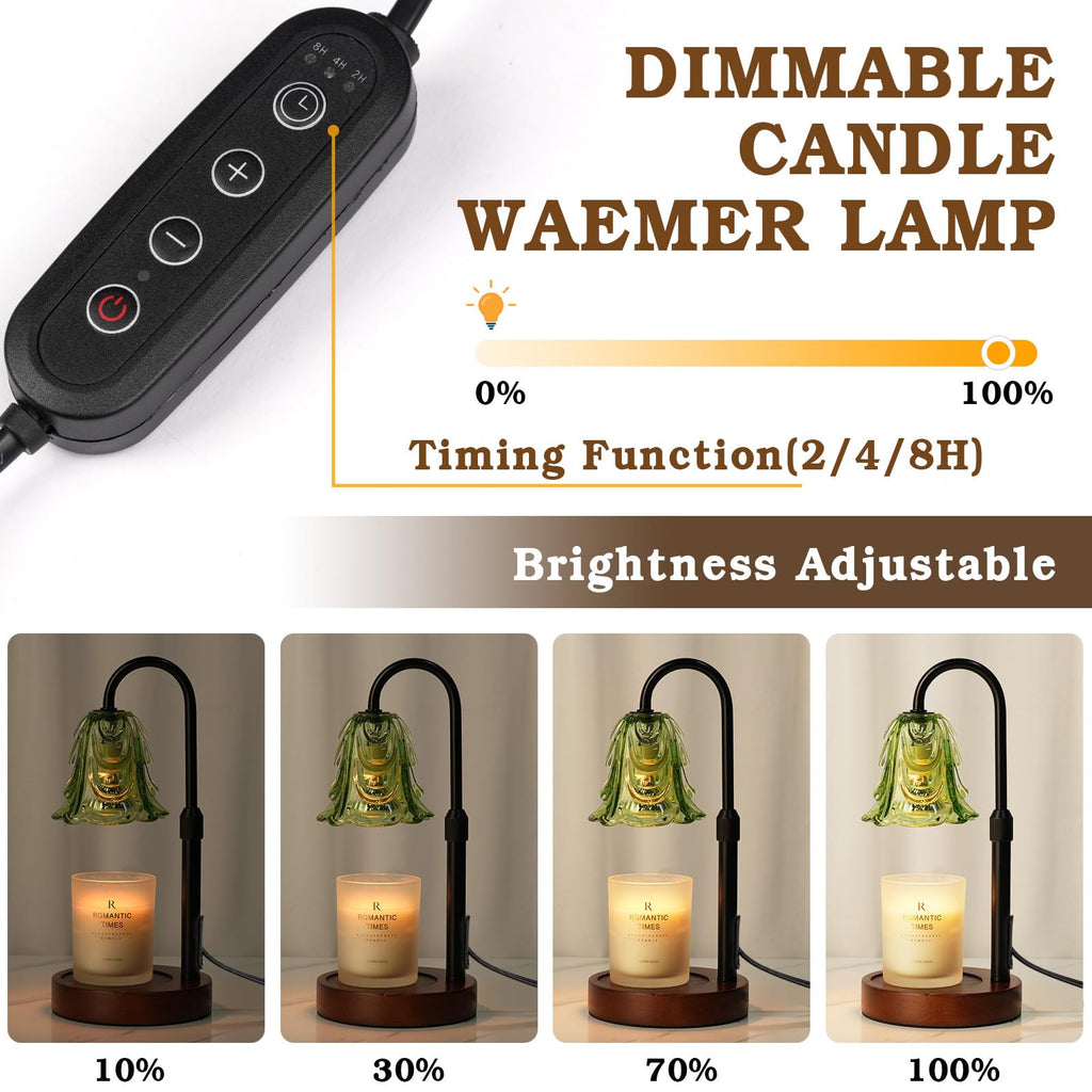 Small Candle Warmer Lamp with Timer, Adjustable Green Lamp Warmer for Jar Candles, Christmas Birthday Gifts for Women Mom Her, Unique Dimmable Candle Heater, Cute Wax Warming Light with Wood Base