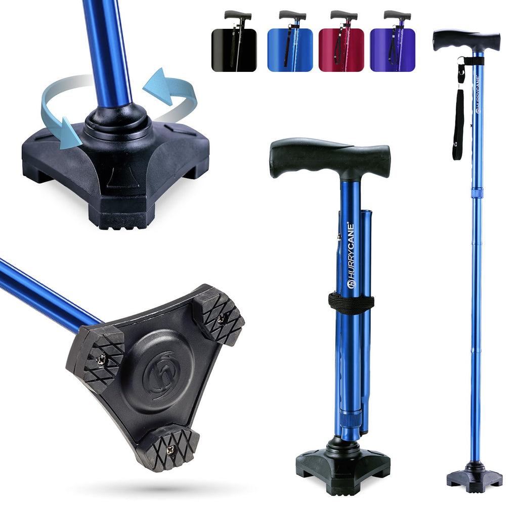 HurryCane Freedom Edition Foldable Walking Cane With T Handle - Enhanced Mobility Support - Patented SteadiGrip Base - Adjustable Height - Lightweight Foldable Design - Blue