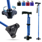 HurryCane Freedom Edition Foldable Walking Cane With T Handle - Enhanced Mobility Support - Patented SteadiGrip Base - Adjustable Height - Lightweight Foldable Design - Blue