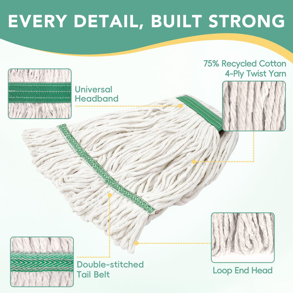 6 Pack Commercial Mop Head Replacement – Heavy Duty Mop Head for General and Floor Cleaning | Industrial Wet Mops | Washable Refill, Reusable, Looped End Mopheads | Hardwood, Concrete（White）