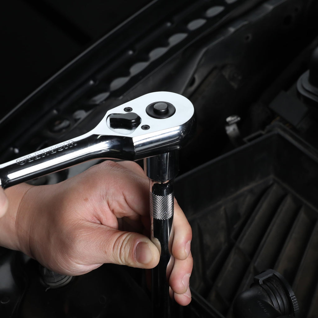 WORKPRO 1/2-Inch Drive Ratchet, Quick-Release Reversible Ratchet Wrench, 72-Tooth Handle, Chrome Alloy Made, Cr-Mo Head, Full Polished