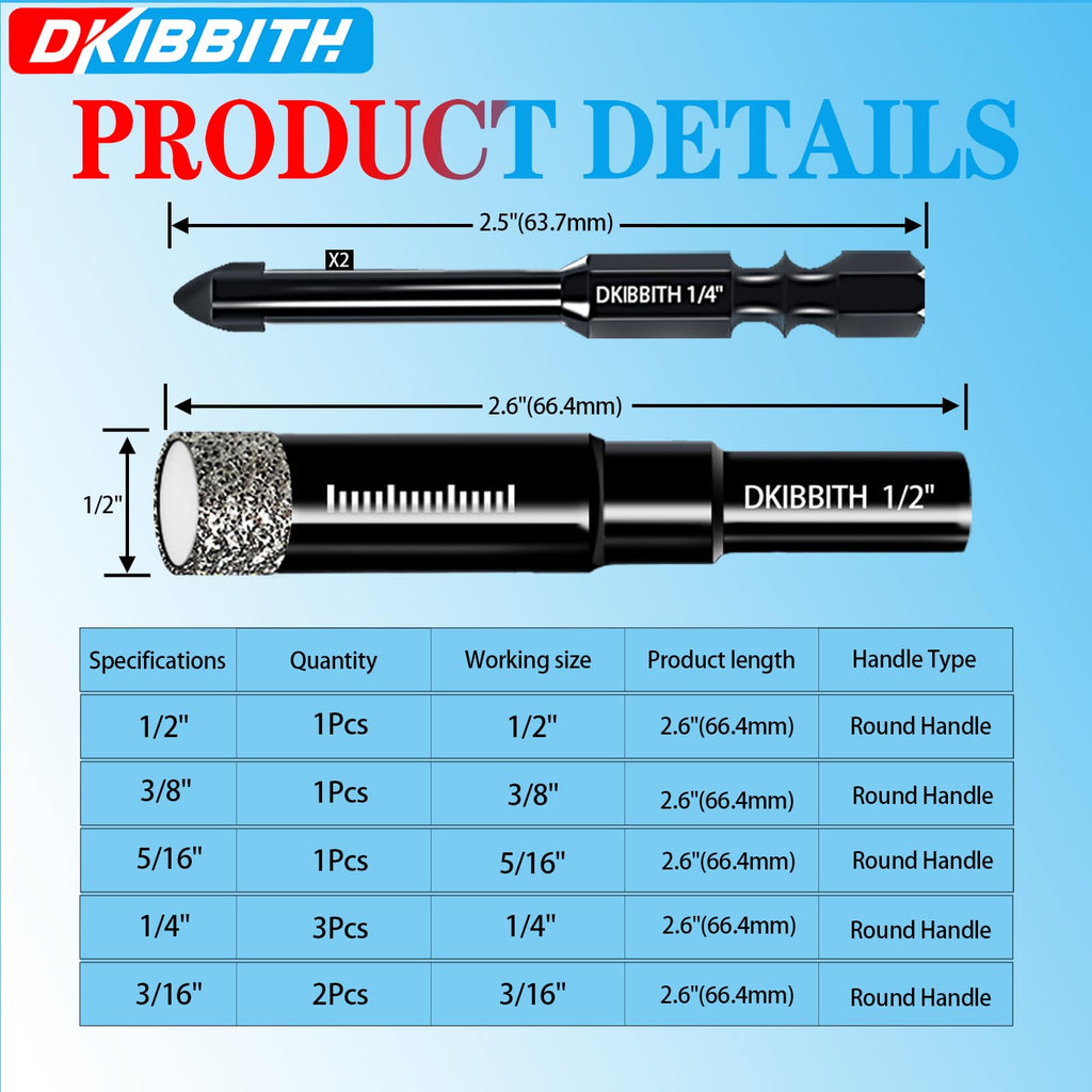 DKIBBITH 10 Pack Dry Diamond Drill Bits & Tile Drill Bit Set for Ceramic, Porcelain, Marble, Granite, Stone, Glass - Round Shank 3/16"(x2), 1/4"(x3), 5/16", 3/8", 1/2"+2 Pack Drill Bits 1/4"