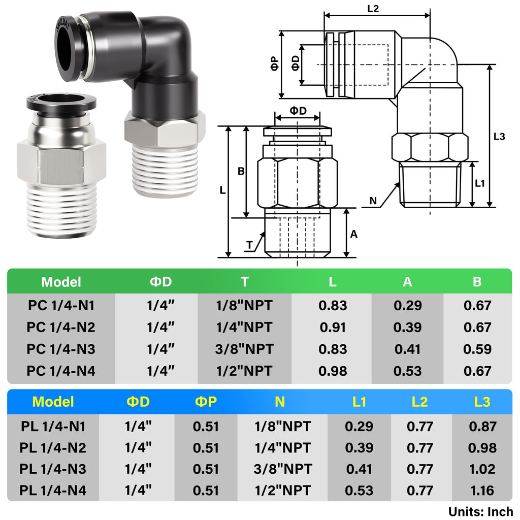 TAILONZ 1/4" x 1/8" NPT Push to Connect Straight & Elbow Fitting Kit 12Pcs