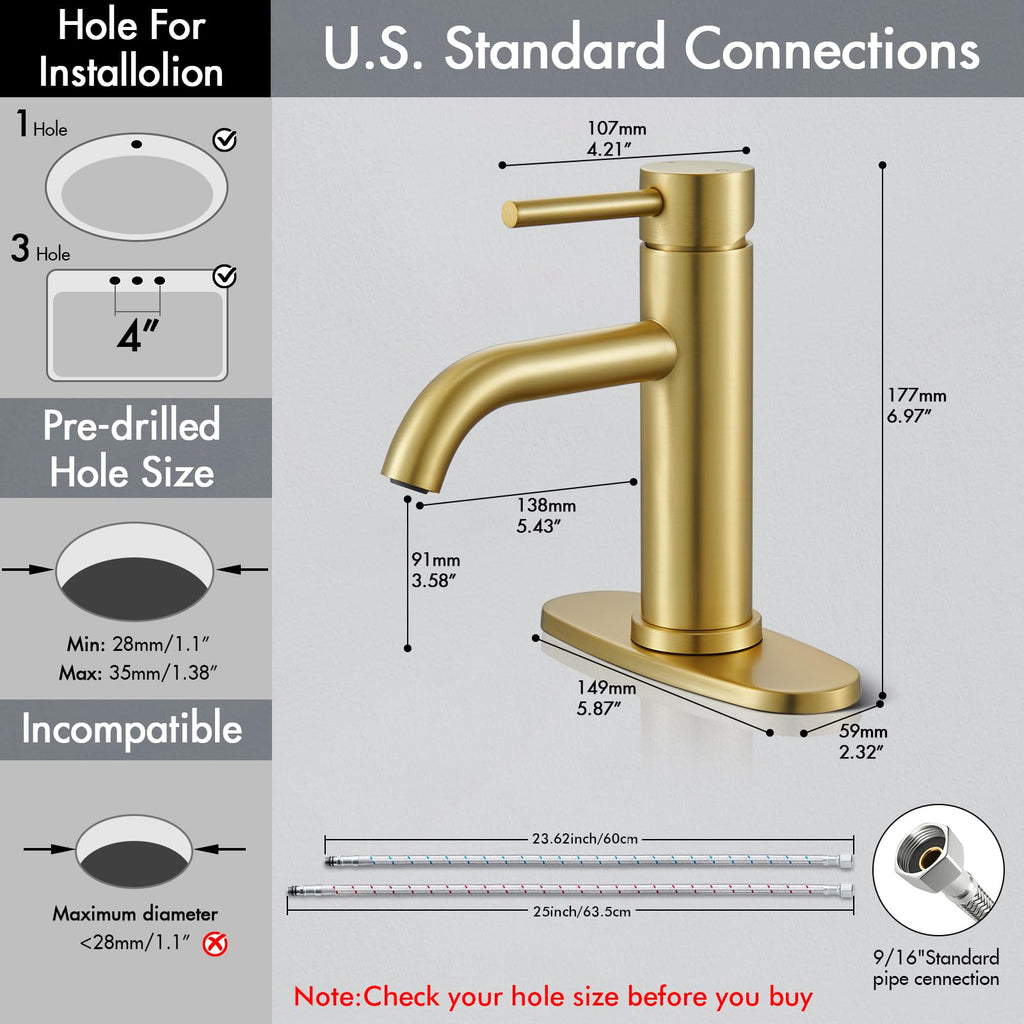 Gold Bathroom Faucet, WINKEAR Single Hole Bathroom Faucet with Pop-up Drain and Flexible Hoses, Single Handle for Sink, Vanity, RV, Modern Farmhouse, Suitable for 1 Hole or 3 Hole