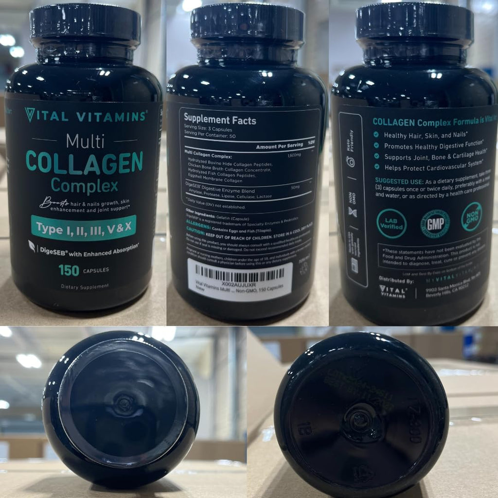 Vital Vitamins Multi Collagen Capsules - Type I, II, III, V, X - Grass-Fed, Collagen Peptides Supplements, Non-GMO - for Men & Women - 150 Count