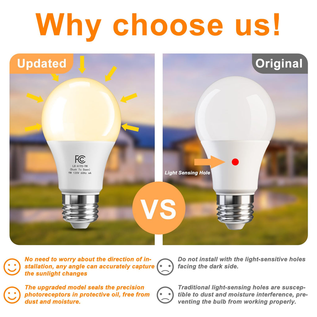 TJOY Dusk to Dawn Light Bulb Outdoor, Light Sensor, Automatic On/Off, 2700K