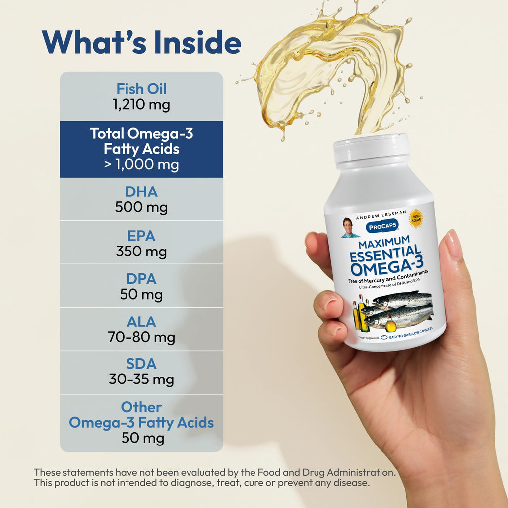 ANDREW LESSMAN Maximum Essential Omega-3 Unflavored, 360 Softgels - Ultra-Pure Omega-3 Fish Oil 1200 mg-High DHA, No Mercury Supplement-Small, Easy to Swallow Fish Oil Capsules