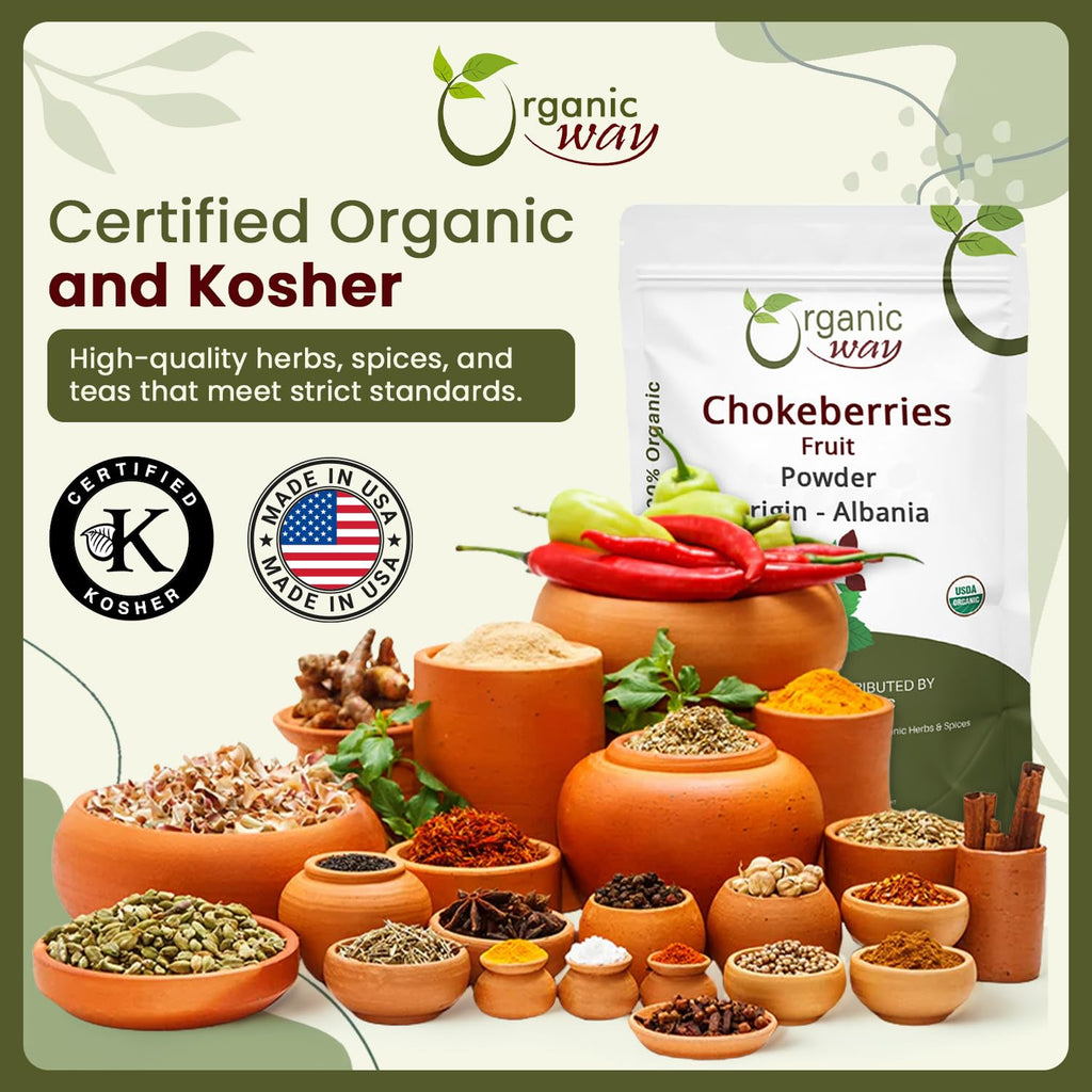 Organic Way Chokeberries Fruit/Aronia Berry Powder - European Wild-Harvest | Organic & Kosher Certified | Non GMO & Gluten Free | USDA Certified | Origin - Albania (8 Oz)