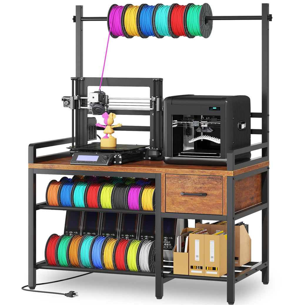 Anrigeail 3D Printer Stand with Filament Storage – Tall 66" Heavy Duty Metal 3D Printer Table with Power Hub, Drawer & X-Bracket Stability for Workshop, Studio, Office