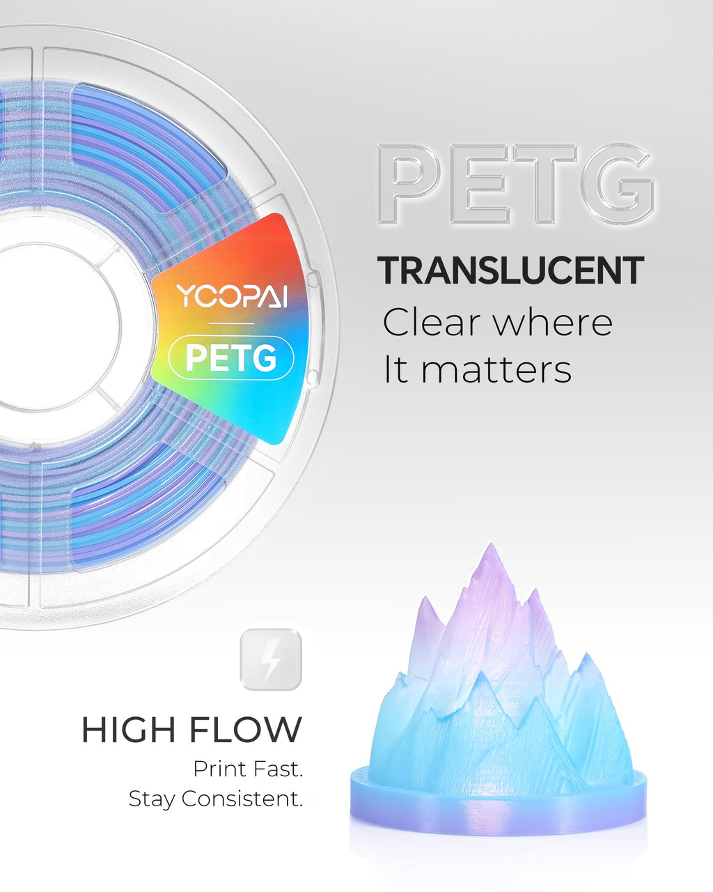 YOOPAI PETG Filament 1.75mm, High Clarity, Clean Surface, Consistent Printing, 1KG (2.2lbs) 3D Printer Filament, Transparent Blue-Purple Gradient