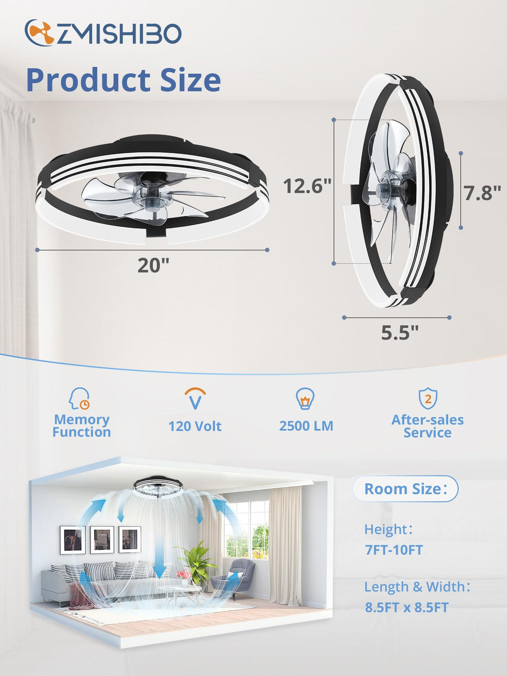 ZMISHIBO Low Profile Ceiling Fans with Lights and Remote, 20" Black