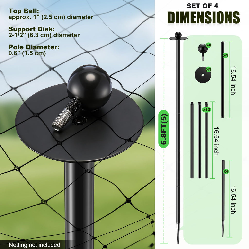 Garden Stakes for Netting, Heavy Duty Metal Garden Poles for Netting Support, Black Powder Coated Steel Frame for Fencing, Plant & Crop Protection(4 Pack,6.8 ft)