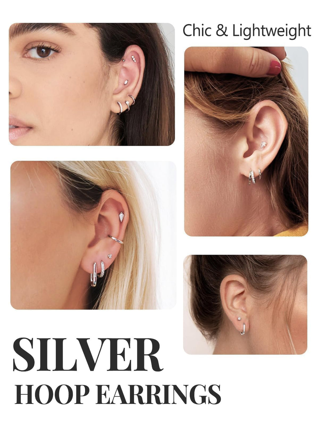 Silvora Sterling Silver Hoop Earrings for Women, 8mm Small Silver Hoops Huggie Earrings Lightweight Cartilage Earring for Sensitive Ears