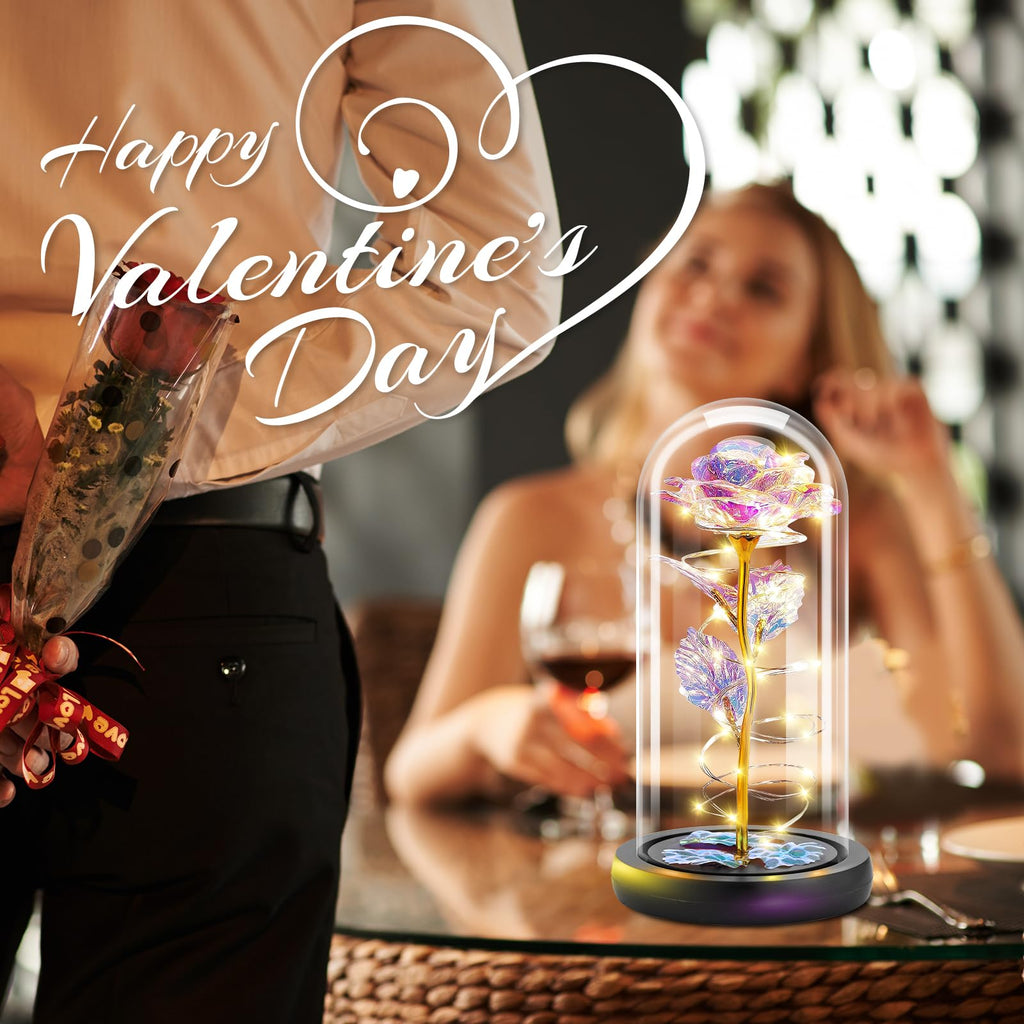 Otlonpe Forever Artificial Glass Rose Flower Lamp, Women Gifts for Birthday Christmas Valentines Mothers Day, Home Decor, Preserved 7.7'' Rose Gifts for Mom Grandma Daughter Wife Girlfriend (Rainbow)