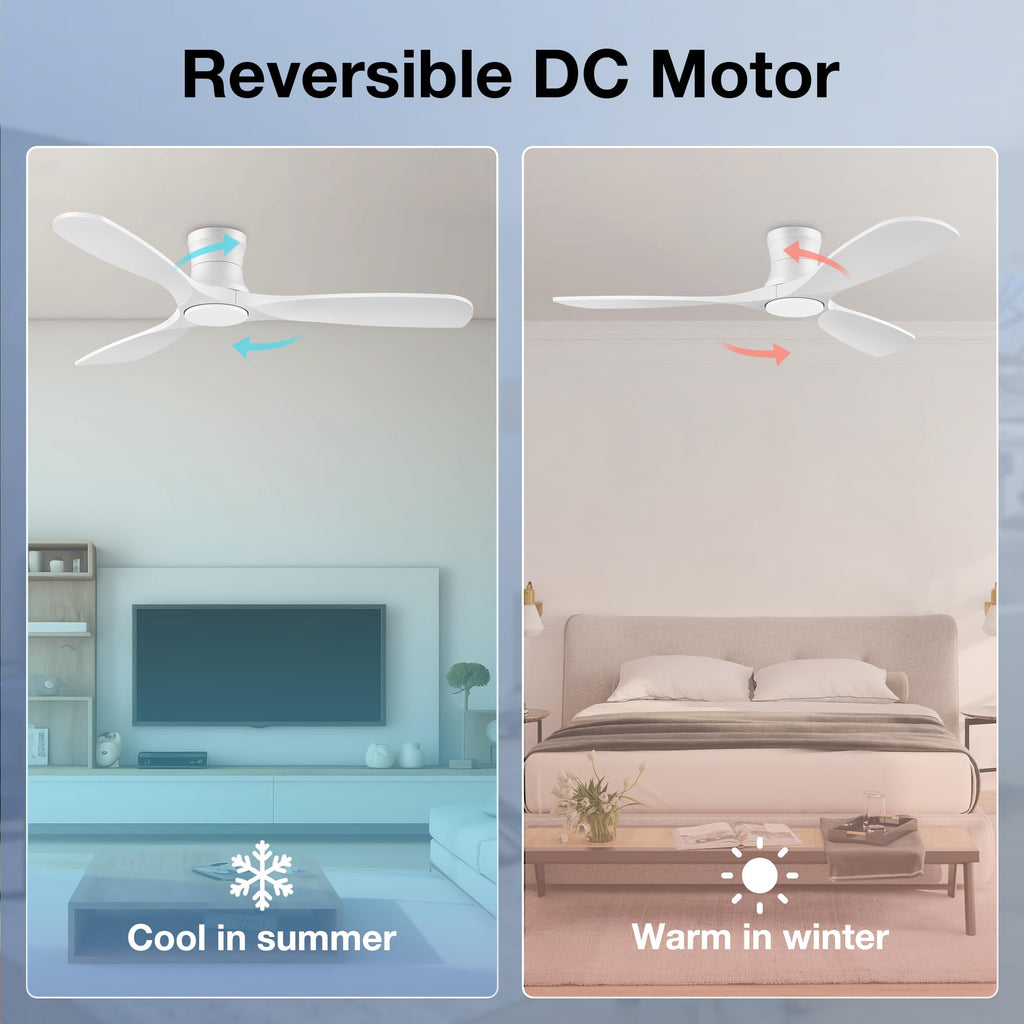 52” Smart Wood Ceiling Fans with Lights,Low Profile Flush Mount Ceiling Fan with Remote Alexa App Control,3 White Blades,Outdoor Indoor Use for Modern Bedroom Patio,Dimmable LED,6-speed,Quiet DC Motor