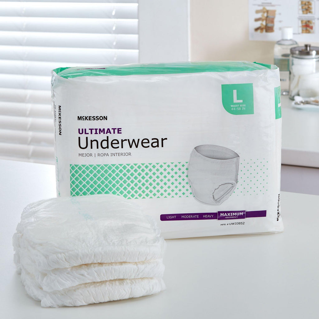 McKesson Ultimate Adult Incontinence Underwear, [72 Count], Large, 44-58 in. Maximum Absorbency, Unisex Bladder Leak Protection, Pull-On Style with Tear-Away Sides, Postpartum and Incontinence