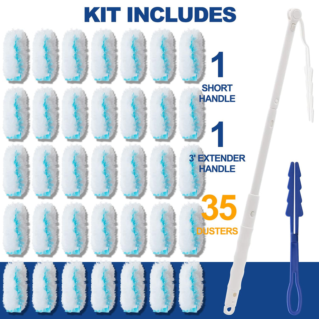 35 Duster Refills for Swiffer, Duster Refills Kit with & 2 Handle for Cleaning Home & Car, Heavy Duty Multi Surface for Office, Blinds, Ceiling Fans, Furniture