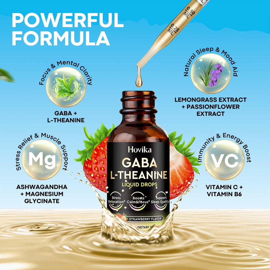 Hovika 2 Pack GABA L-Theanine Drops - Liquid GABA L-Theanine Supplement with Ashwagandha, Magnesium Glycinate, Vitamin C, B6 - Support Sleep, Relaxation, Calm Mood & Focus - Strawberry Flavor