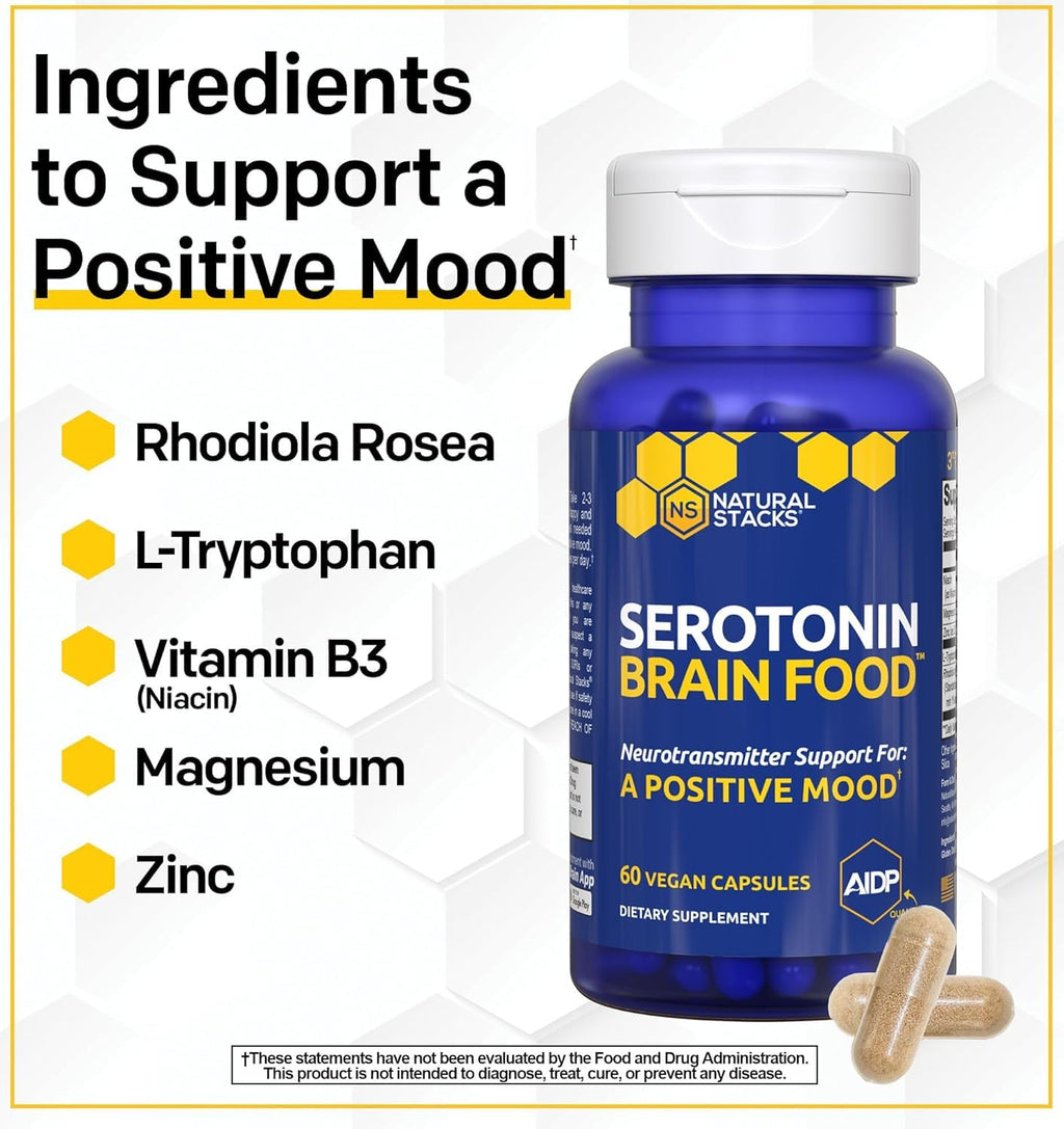 Serotonin Brain Food - 1250mg L-Tryptophan & 400mg Rhodiola Rosea Supplement - Mood Support Supplement for Stress Relief - Neurotransmitter Support with Magnesium Glycinate & Zinc - 120 Capsules