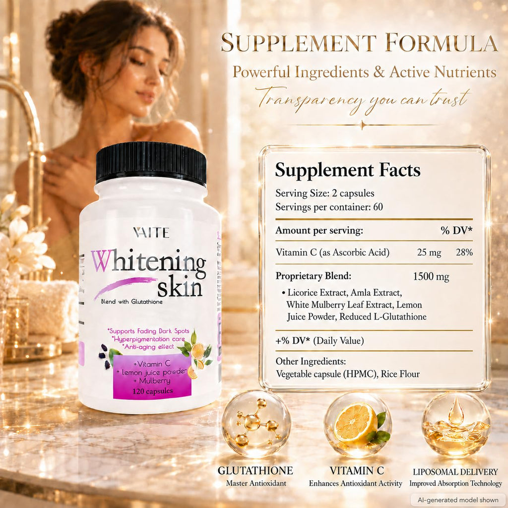 VAITE Glutathione Whitening Pills - Dark Spots & Acne Scar Remover - Vegan Skin Bleaching Pills with Anti-Aging & Antioxidant Effect - 120 Capsules (3 Pack)