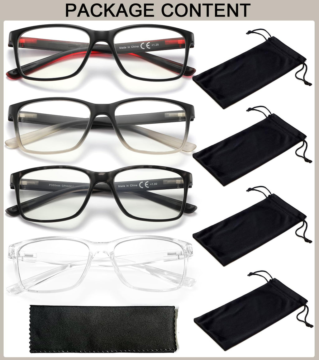 Blue Light Blocking Reading Glasses for Men,4 Pack Stylish Computer 1.5 Readers with Spring Hinges,Anti Glare/Eye Strain Filter UV Ray Magnigying Reader Eyeglasses,+1.50 Magnification Strength