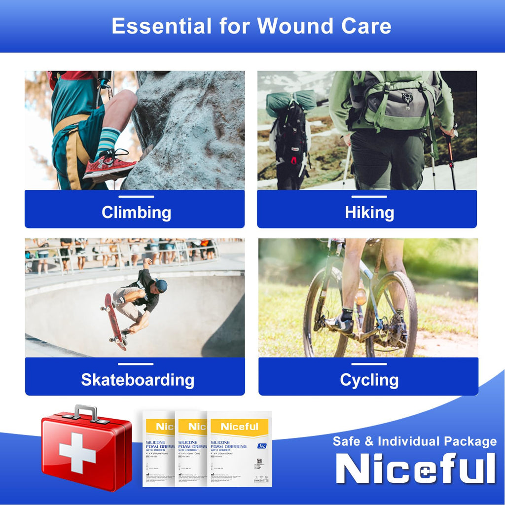 Niceful Silicone Foam Dressing 4"x4", Waterproof Silicone Bandages with Border Adhesive, High Absorbency Bed Sore Bandages Wound Care Dressing (2.5"X2.5" Pad), 5 Packs, FSA HSA Eligible