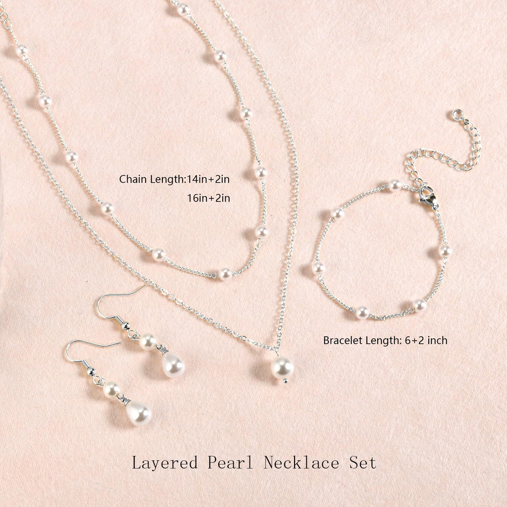 DIBOLA Silver Jewelry Set for Women Dainty Silver Layered Pearl Choker Necklaces and Earring Set Pearls Drop Earrings Pearl Bracelets Wedding Bride Jewelry