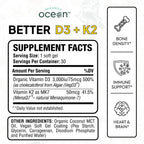 Organics Ocean Better D3 + K2-100% Organic VIT D3 and K2 Supplements with Maximum Bioavailability - Supports Bone Density, Calcium Balance, Immunity & Mood - 1-Pack, 30-Day Supply