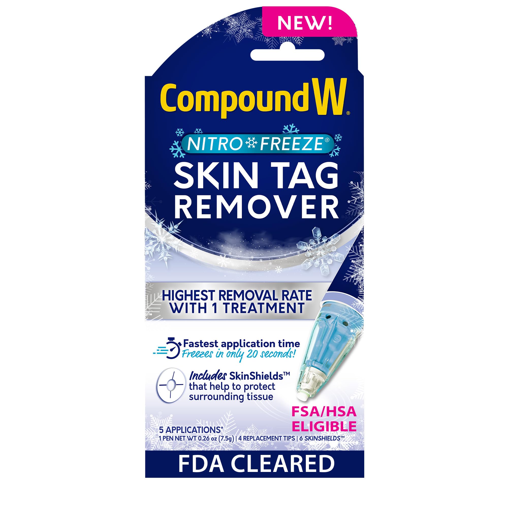 Compound W Nitrofreeze Skin Tag Remover, FDA Cleared Skin Tag Removal Kit with 1 Skin Tag Remover Pen, 4 Replacement Tips, and 6 SkinShields, 5 Treatments