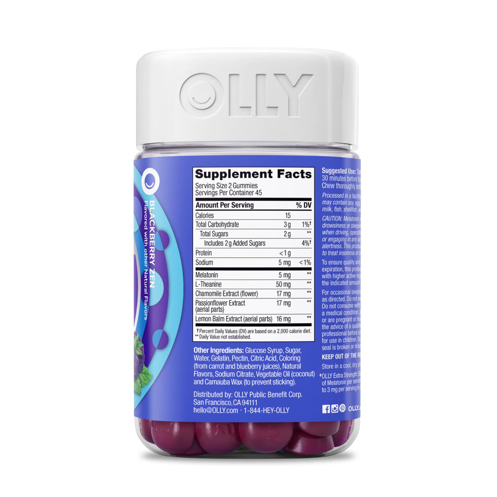 OLLY Extra Strength Sleep Gummy 5 mg Melatonin, L-Theanine, Chamomile, Lemon Balm Extracts, Sleep Aid, BlackBerry Flavor - 90 Count